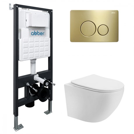 Комплект подвесной унитаз ABBER Bequem AC1100T белый с инсталляцией AC0105 и кнопкой AC0121MMG золото матовое AC1100T-AC0105-AC0121MMG