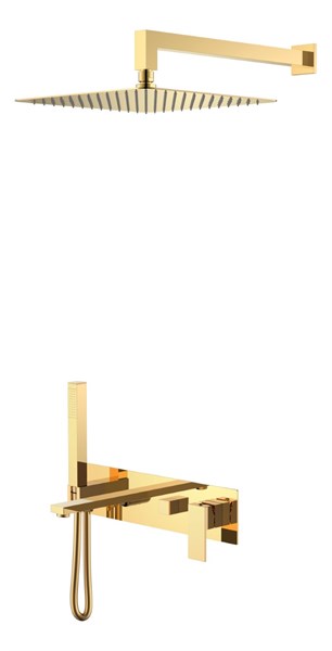 Смеситель встроенный + верхний+ ручной душ Qubic Shine Gold с изливом 474-G