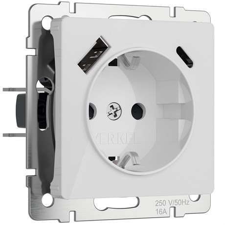 Розетка с заземлением, шторками и USB тип A+C (белый акрил) W1171741 - фото 86964
