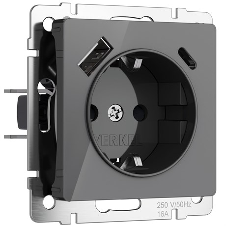 Розетка с заземлением, шторками и USB тип A+C (графит акрил) W1171744 - фото 87040