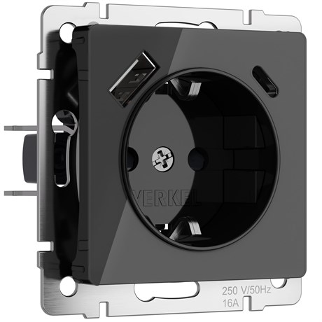 Розетка с заземлением, шторками и USB тип A+C (черный акрил) W1171748 - фото 87093