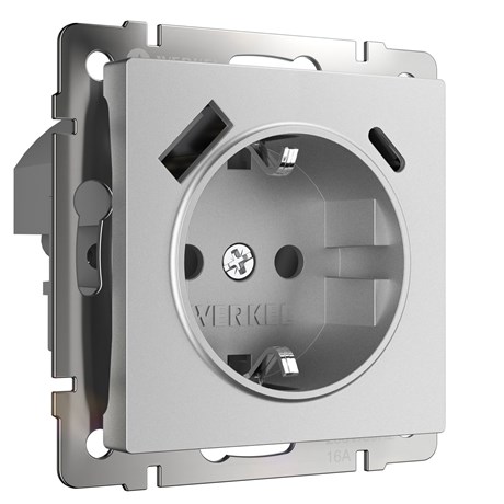 Розетка с заземлением, шторками и USB тип A+C (серебряный матовый) W1171765 - фото 87593
