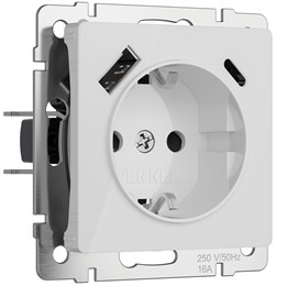 Розетка с заземлением, шторками и USB тип A+C (белый акрил) W1171741